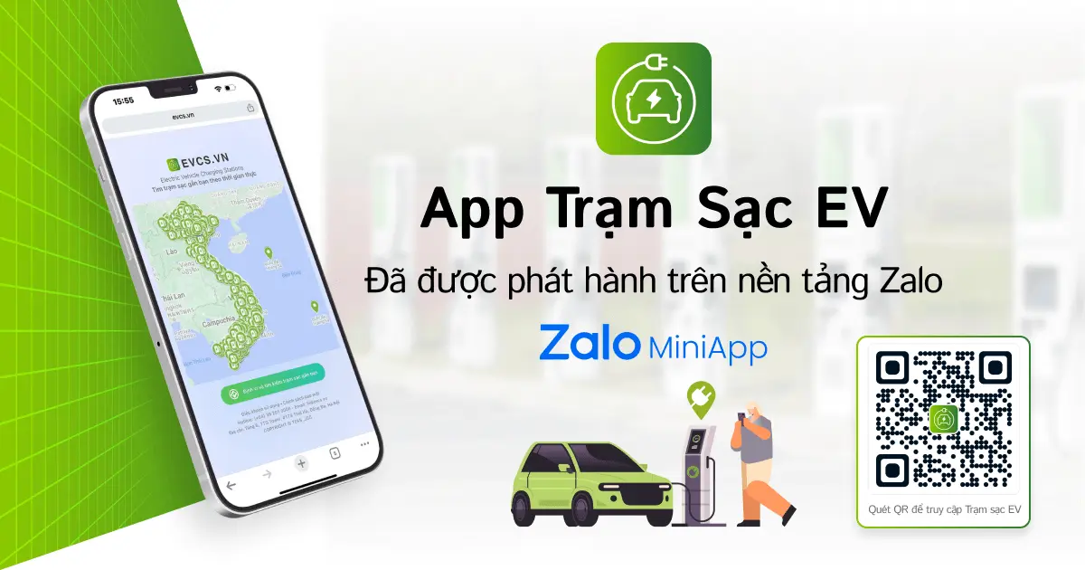 Giao diện ứng dụng Trạm Sạc EV trên điện thoại, hiển thị bản đồ các trạm sạc